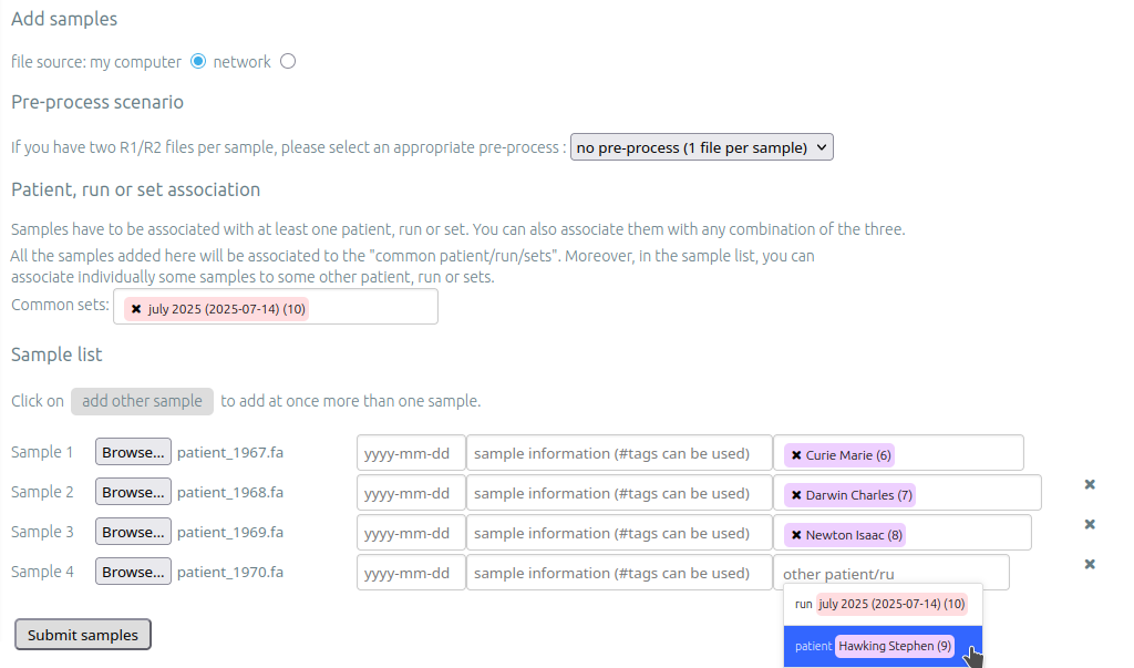 Adding a sample from a run set
