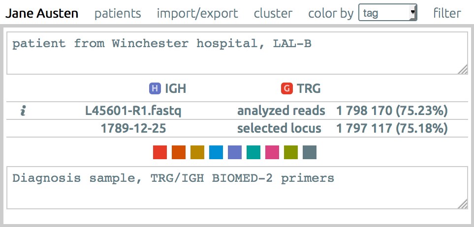 The patient view of the Vidjil web application. The database enables to store information on both the patient and individual samples.